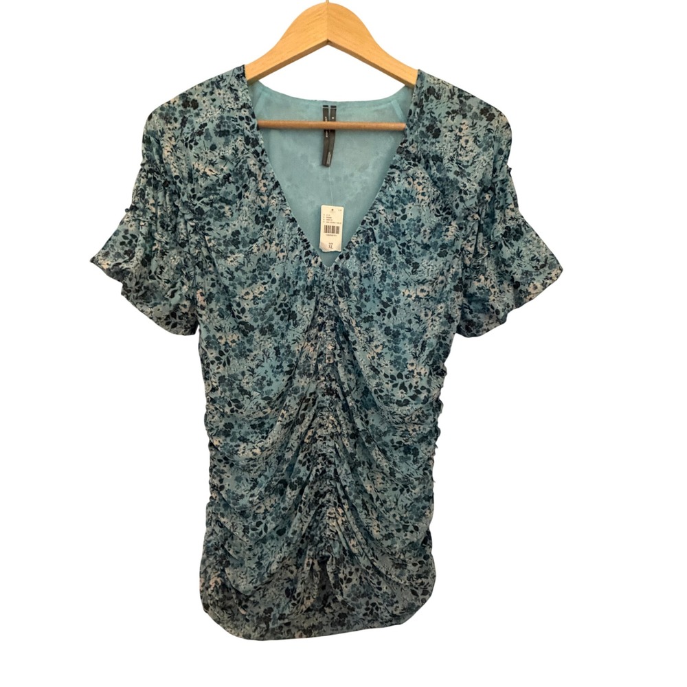 Anthropologie Floral Mesh Ruched Top Womens XL Blue NWT Flutter Sleeve V-Neck